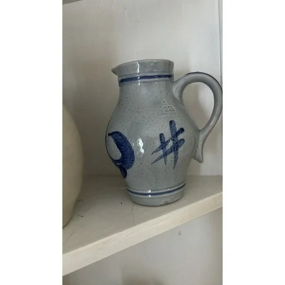 Vintage Salt Glaze Pottery Pitcher Jug 6.5" Antique Blue Paint Floral Primitive - Picture 1 of 4